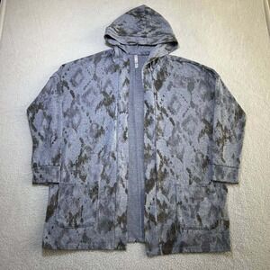 Women's LuLaRoe Mackenzie Cardigan M Gray Pattern Hooded Cozy Fleece Wrap Jacket